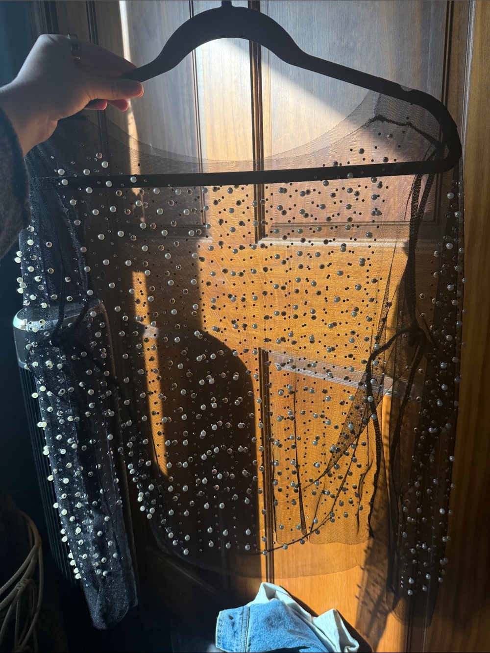 Black Mesh Pearl & Rhinestone Long Sleeve